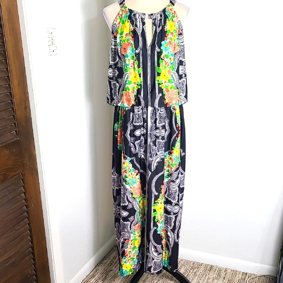 Soho Black & White Paisley Maxi-Dress,Colorful Floral Halter Neckline Sz 2X, NWT - Picture 2 of 10